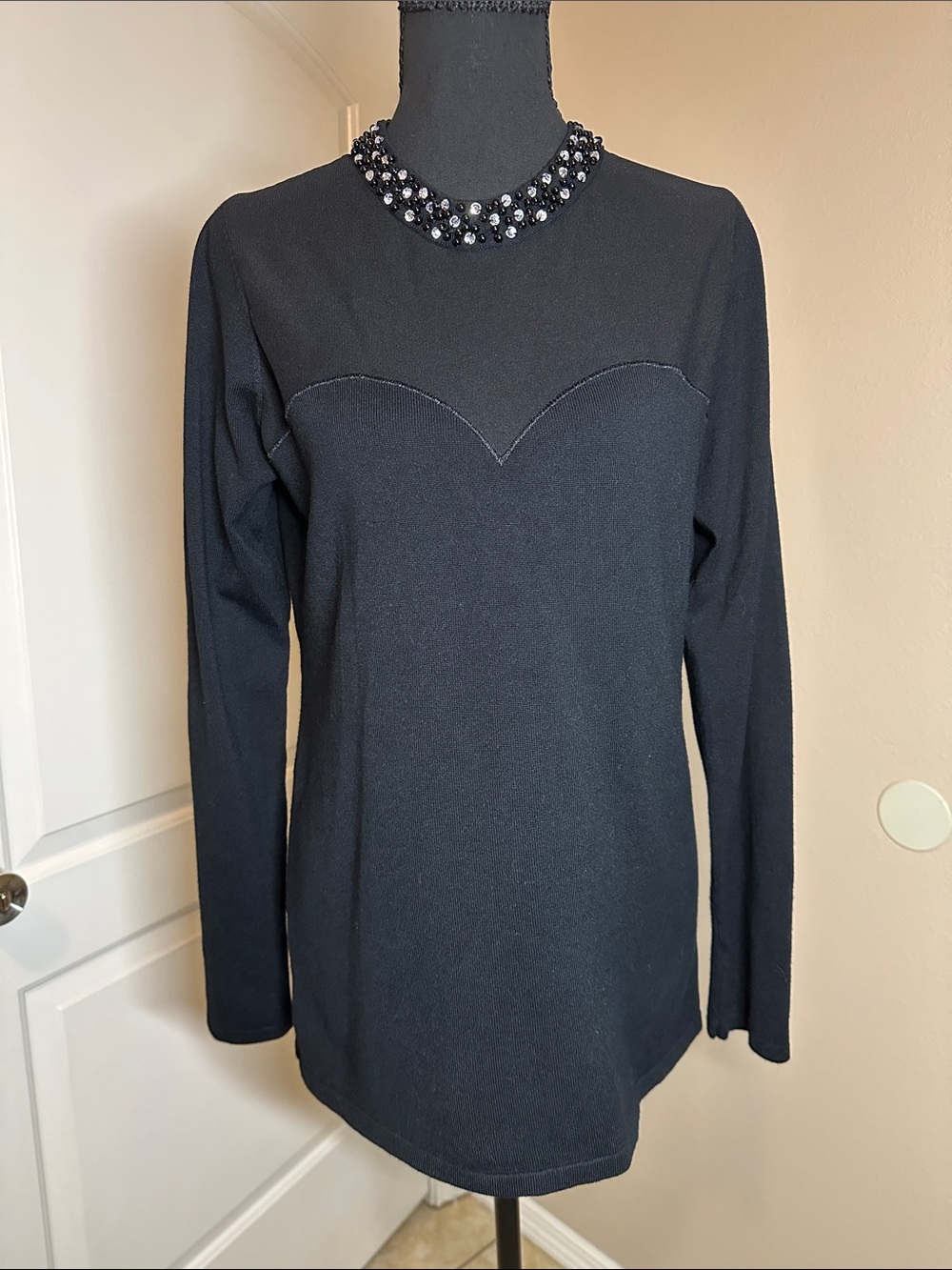 Hayden Park Black Beaded Jewel Neck Mesh Yoke Top